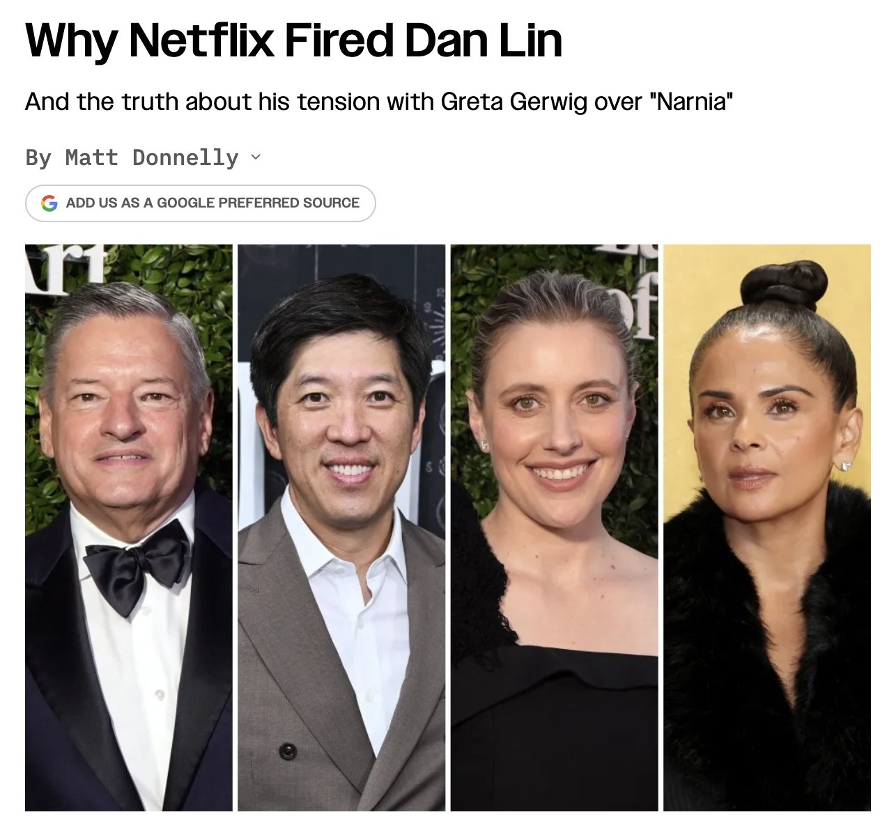 原帖附图：Variety 标题 Why Netflix Fired Dan Lin，配 Sarandos、Lin、Gerwig、Bajaria 四人拼图